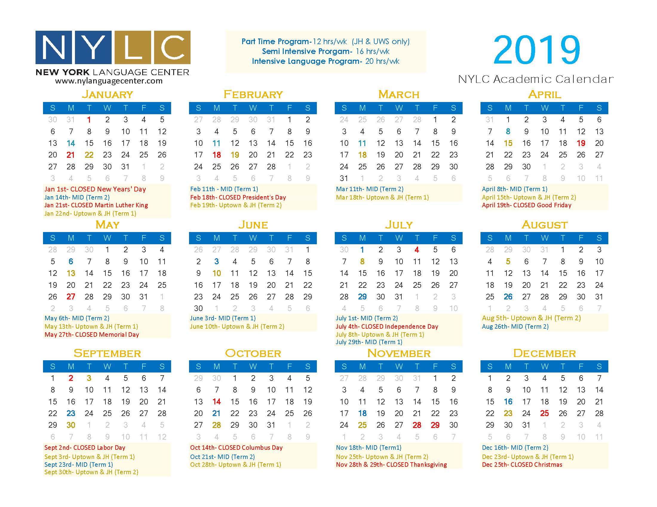 2019 Academic Calendar